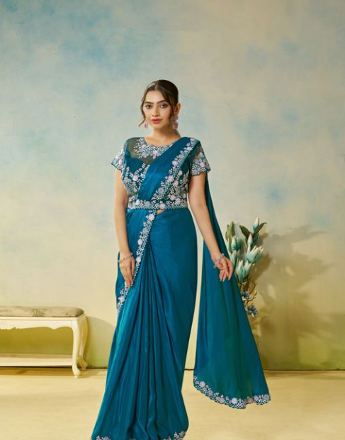 Teal Blue Satin Silk Saree | Stone & Pearl Handwork