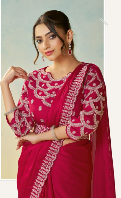 Rani Satin Silk Saree | Multi Stone Handwork