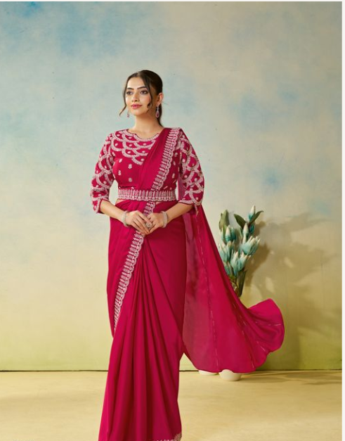 Rani Satin Silk Saree | Multi Stone Handwork