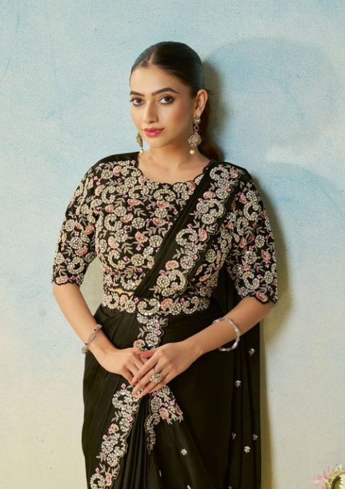 Green Satin Silk Saree | Pearl & Stone Handwork