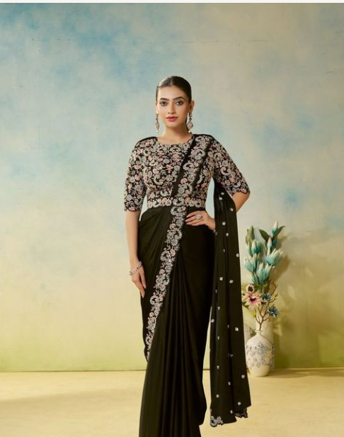 Green Satin Silk Saree | Pearl & Stone Handwork