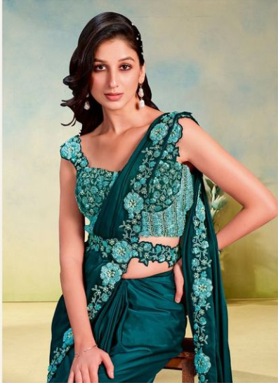 Sea Green Crape Satin Silk Saree | Cord & Stone Work