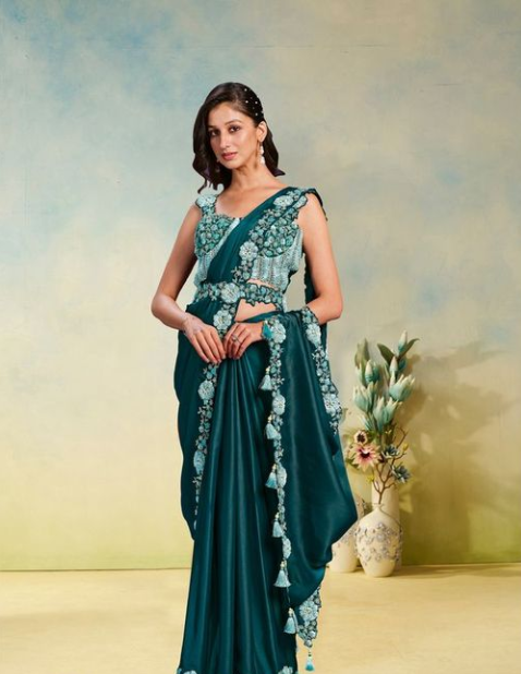Sea Green Crape Satin Silk Saree | Cord & Stone Work