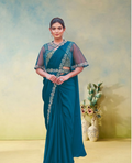 Teal Blue Crepe Satin Silk Saree | Dual Sequence Hand Work