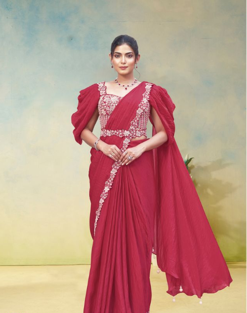 Gajari Two Tone Satin Silk Saree | Dual Sequence Hand Work