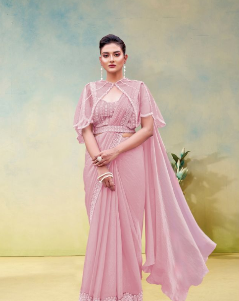 Pink Two Tone Satin Silk Saree | Sequence Pearl Work