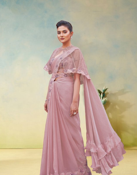 Pink Two Tone Satin Silk Saree | Pearl Hand Work