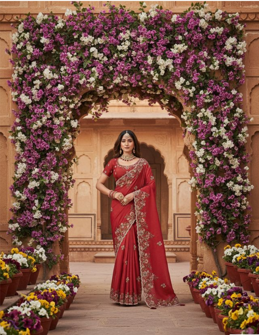 Radiant Red Soft Georgette Saree | Lakhnavi Self Embroidery With Stickey Work