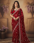 Classic Red Georgette Satin Silk Saree | Zari & Handwork Embellishment