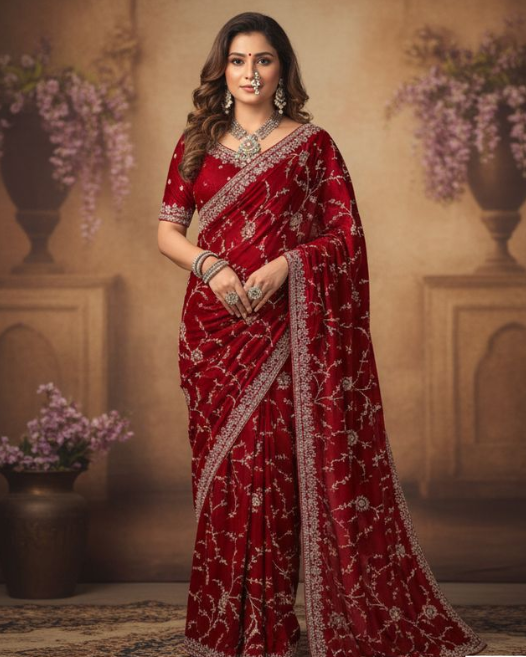 Classic Red Georgette Satin Silk Saree | Zari & Handwork Embellishment