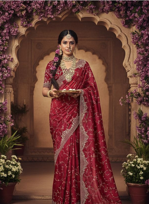 Festive Red Georgette Satin Silk Saree | Aari Embroidery & Dual Stone Embellishment