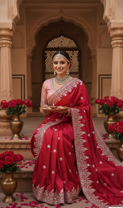Elegant Red Georgette Satin Silk Saree | Aari Embroidery & Dual Stone Embellishment