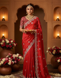 Regal Red Georgette Satin Silk Saree | Aari Embroidery & Dual Stone Embellishment
