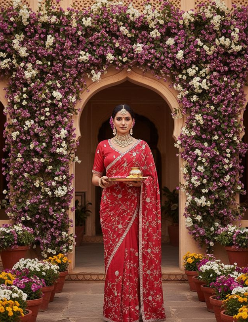 Lustrous Red Pure Satin Saree | Exquisite Jarkan Work Embellishment