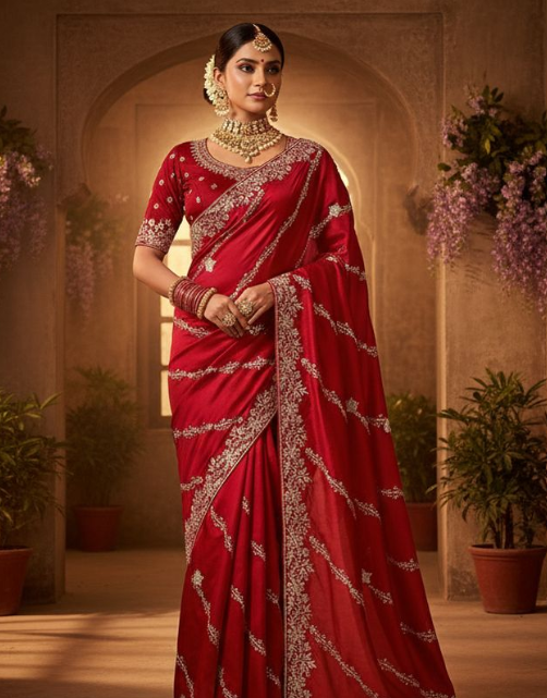 Dazzling Red Soft Satin Silk Saree | Aari Embroidery, Sequence & Dual Stone Embellishment