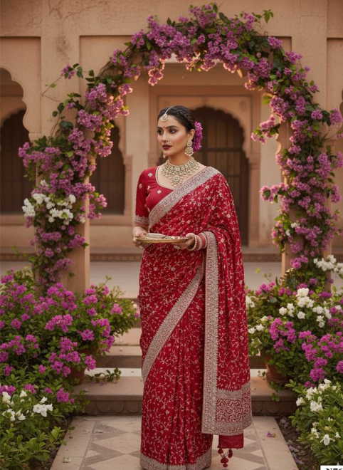 Opulent Red Georgette Satin Silk Saree | Aari Embroidery, Sequence & Dual Stone Embellishment