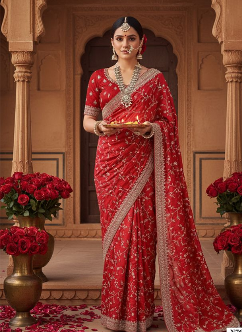 Exquisite Red Soft Satin Silk Saree | Traditional Pitta Work Embellishment