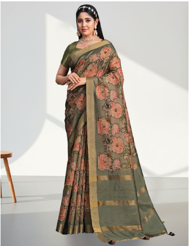 Coffee Mustard Tusser Silk Saree | Green Brocade Embroidered Contrast