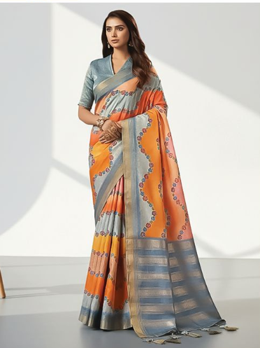 Orange Blue Rangkat Crepe Silk Saree | Brocade Jacquard Woven Design Fusion