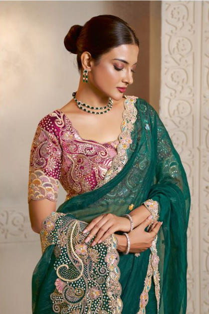 Peacock Green Organza Satin Saree | Multi Threads Embroidery with Multi Stone Handwork