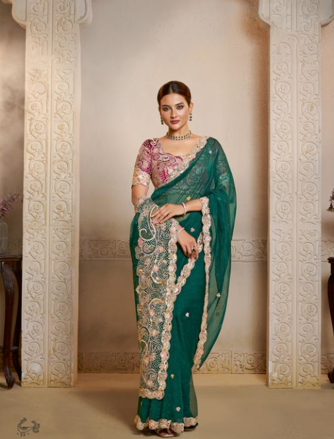 Peacock Green Organza Satin Saree | Multi Threads Embroidery with Multi Stone Handwork