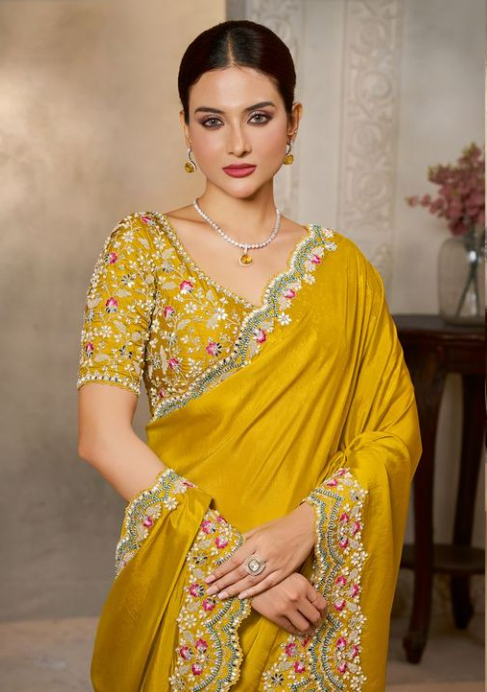 Sunshine Yellow Soft Satin Silk Saree | Sequence Embroidery with Multi Stone Handwork