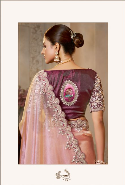 Blush Pink Zari Organza Silk Saree | Sequence Embroidery with Stone Handwork
