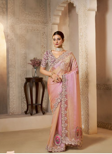 Blush Pink Zari Organza Silk Saree | Sequence Embroidery with Stone Handwork