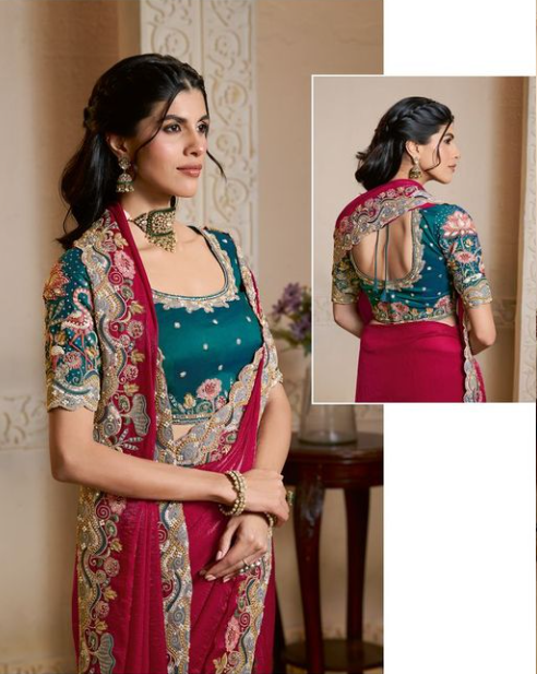 Rani Two Tone Satin Silk Saree | Multi Threads Embroidery with Stone Handwork