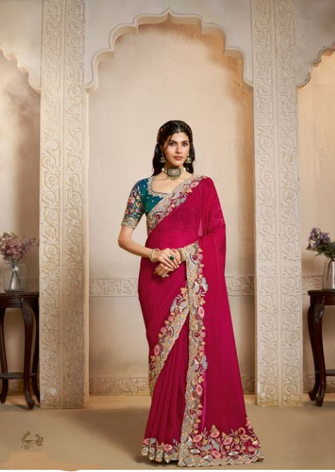 Rani Two Tone Satin Silk Saree | Multi Threads Embroidery with Stone Handwork
