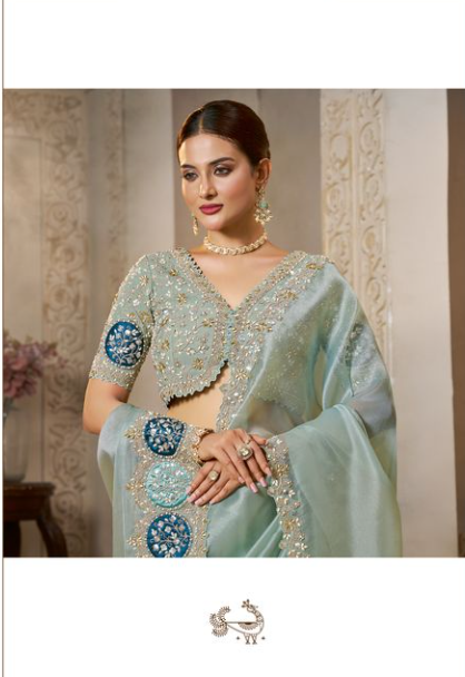 Silver Grey Organza Tissue Silk Saree | Dual Sequence Embroidery with Multi Stone Handwork