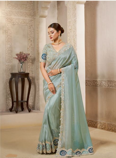 Silver Grey Organza Tissue Silk Saree | Dual Sequence Embroidery with Multi Stone Handwork