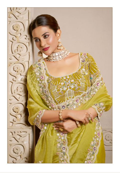 Sunshine Yellow Organza Satin Saree | Multi Threads Embroidery with Stone Handwork