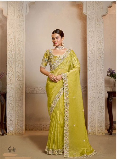 Sunshine Yellow Organza Satin Saree | Multi Threads Embroidery with Stone Handwork