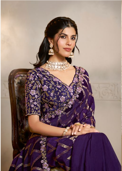 Royal Purple Jaquard Velvet Silk Saree | Multi Threads Embroidery with Multi Stone Handwork