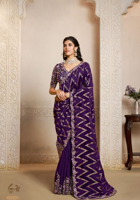 Royal Purple Jaquard Velvet Silk Saree | Multi Threads Embroidery with Multi Stone Handwork