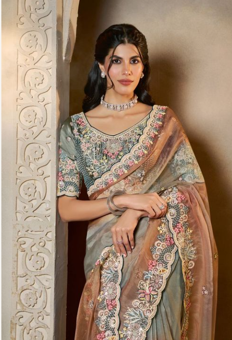 Shaded Grey Organza Satin Saree | Multi Threads Embroidery with Stone Handwork