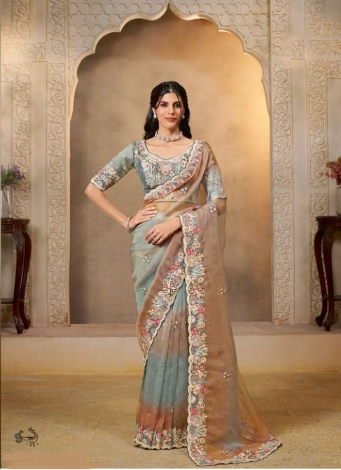 Shaded Grey Organza Satin Saree | Multi Threads Embroidery with Stone Handwork