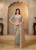 Shaded Grey Organza Satin Saree | Multi Threads Embroidery with Stone Handwork