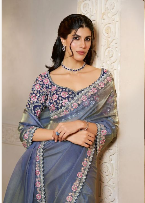 Steel Grey Organza Satin Saree | Embroidery with Pearl and Stone Handwork
