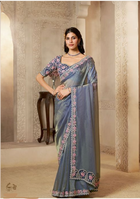 Steel Grey Organza Satin Saree | Embroidery with Pearl and Stone Handwork