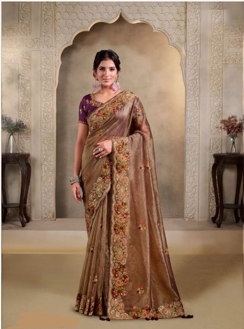 Wine Pure Banarasi Crush Saree | Pure Khatli Work with Sequence Embellishments