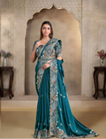 Ocean Blue Crush Satin Silk Saree | Multi Sequence with Pearl Handwork
