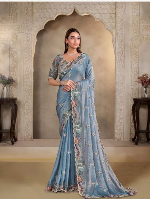 Sky Blue Two Tone Satin Silk Saree | Multi Sequence with Pearl and Thread Embroidery