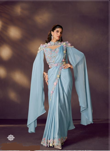 Light Firoji Two Tone Satin Silk Designer Saree | Sequins Embroidery with Pearl & Stone Embellishment