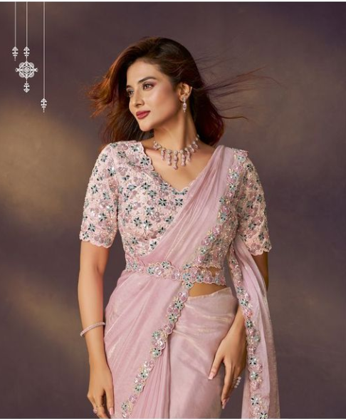Baby Pink Satin Silk Designer Saree | Dual Sequins Embroidery with Mirror & Pearl Handwork