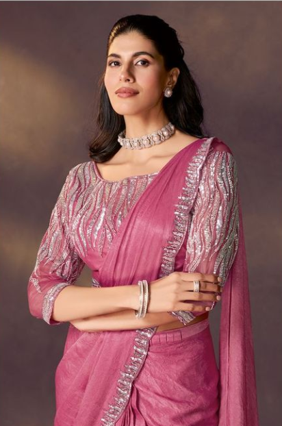 Light Pink Crush Satin Silk Designer Saree | Sequins & Dual Beads Embellishment