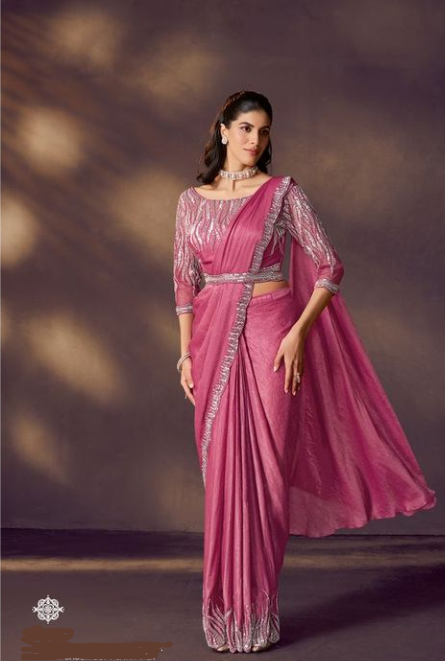 Light Pink Crush Satin Silk Designer Saree | Sequins & Dual Beads Embellishment