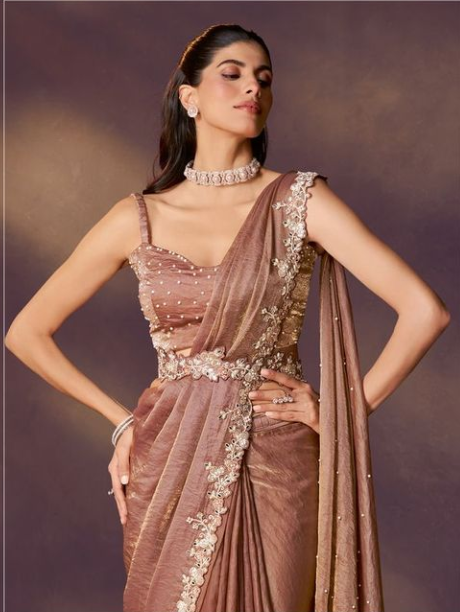 Light Brown Two Tone Satin Silk Designer Saree | Sequins Embroidery with Stone & Pearl Embellishment