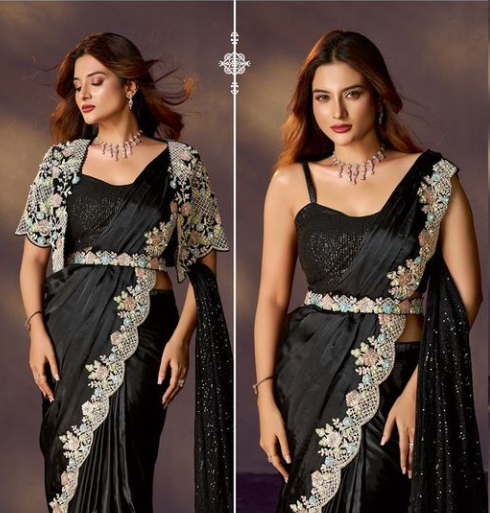Black Soft Satin Silk Designer Saree | Mirror, Stone Handwork with Scallop Embroidery